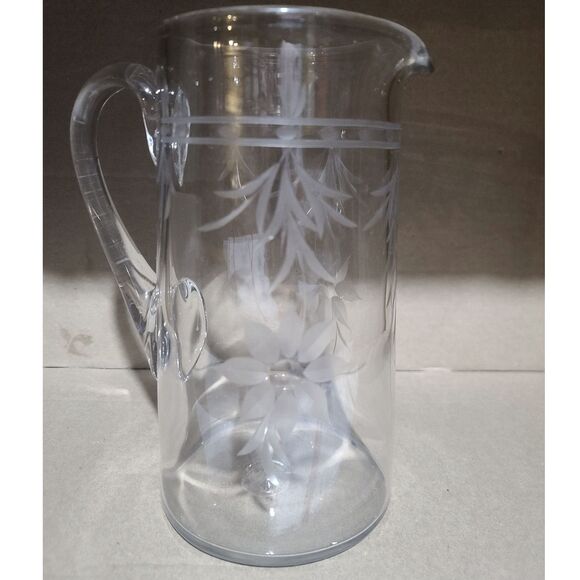 Hand-Blown Clear Crystal Water Pitcher Etched Flowers & Leaves Applied‎ Handle - Picture 7 of 10